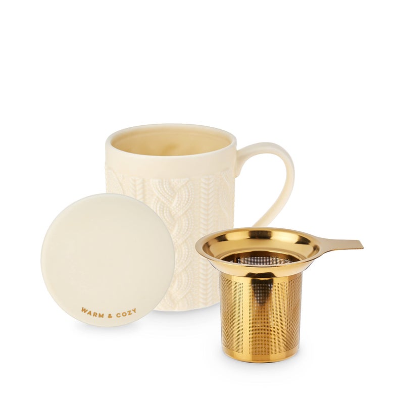 Pinky Up Annette Loose Leaf Tea Cup, Ceramic Travel Mug with Infuser and Lid, for Work, Office, Picnic, Camping, Outdoor Party, Spa Day, 12 oz, Set of 1, Knit Design - Image 1